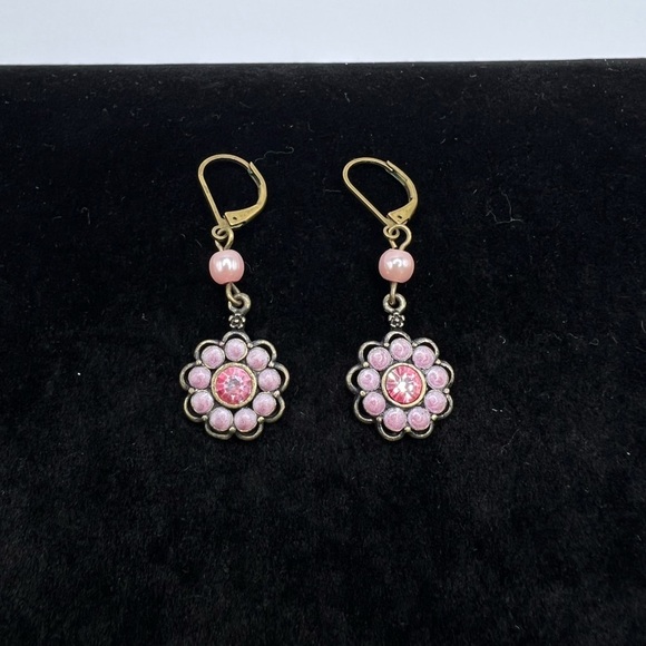 Avon Jewelry - Vintage Avon Pink Flower Earrings, Brown Tone Plating, Lever Back Earrings